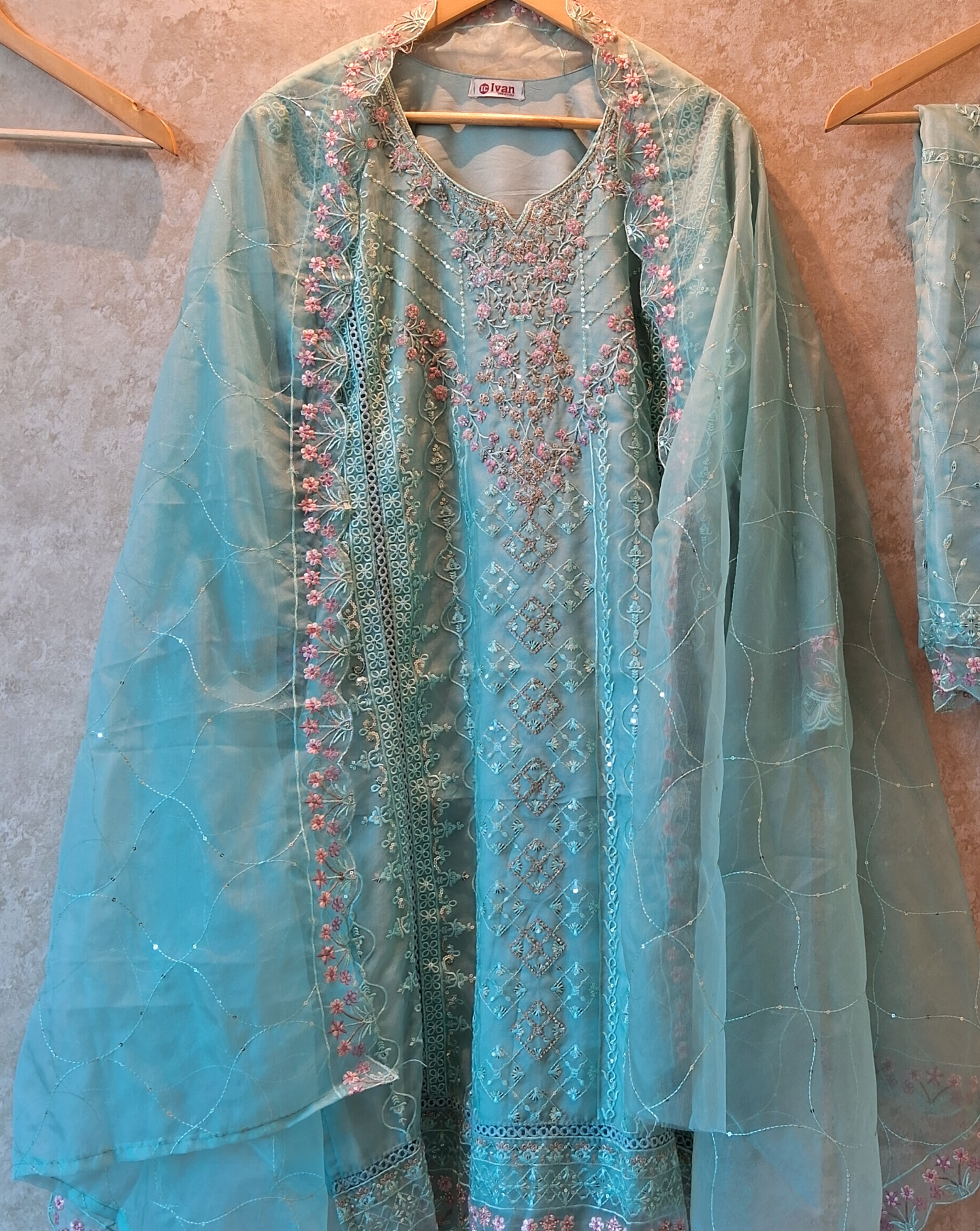 Handwork suit with plazo bottom and organza hand worked dupatta ID001